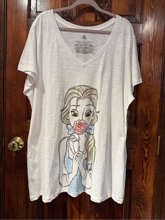 Disney Tops - Disney White Short Sleeve V-Neck Tee with Belle Rose Graphic